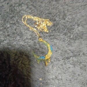 Gold and Blue Resin Crescent Moon Pendant Necklace